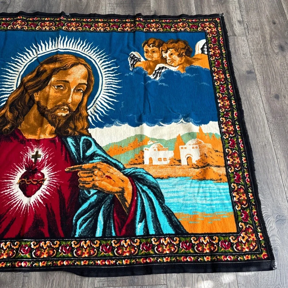 Unbranded Sacred Heart Jesus Tapestry Unisex Large Blue Woven Wall Hanging 39X54